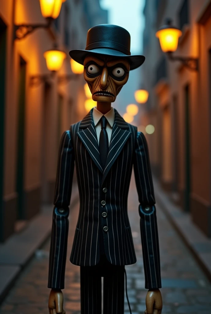 Sinister mafia-style wooden puppet