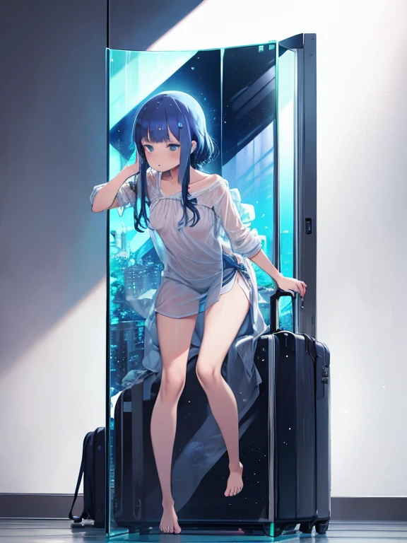 woman, from the front, Blue Hair, Pressed against transparent glassいる, slap, chest, Thighs, Pressed against transparent glass, barefoot, barefoot, Transparent glass pressure