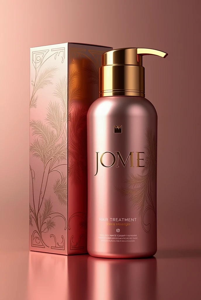 Hair treatment product for damaged hair, whose container should be premium line, gold and pink with a push-type dispensing valve, innovative design with the brand name JOME hair treatment and its respective box 