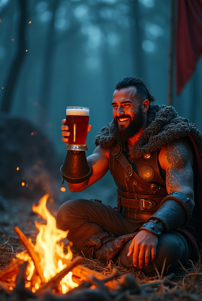 Warrior drinking a beer and eating a piece of meat after the war