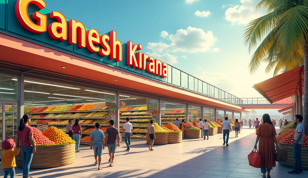 BIG SUPERMARKET STORE NAMED AS GANESH KIRANA IN ENGLISH IN AFTERNOON