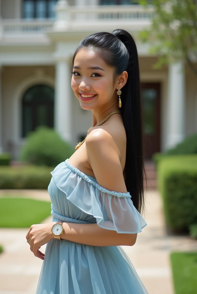 Beautiful Asian women, Black hair, brown eyes, ponytail, wearing a  blue sheer dress,gold necklace, wrist watch, (photorealistic: 1.4), smirk,big breasts,  big tits, huge tits, busty, big fancy house, big breasts,  humongous breasts