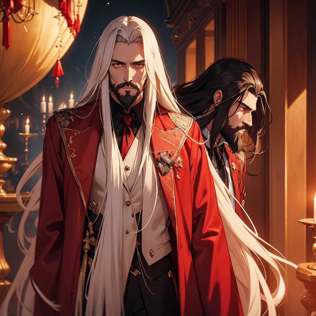 a man with long hair and a beard, wearing a red vampire coat, a male member of the Banu Hakim clan, vampire lord, Castelvania, Count Dracula