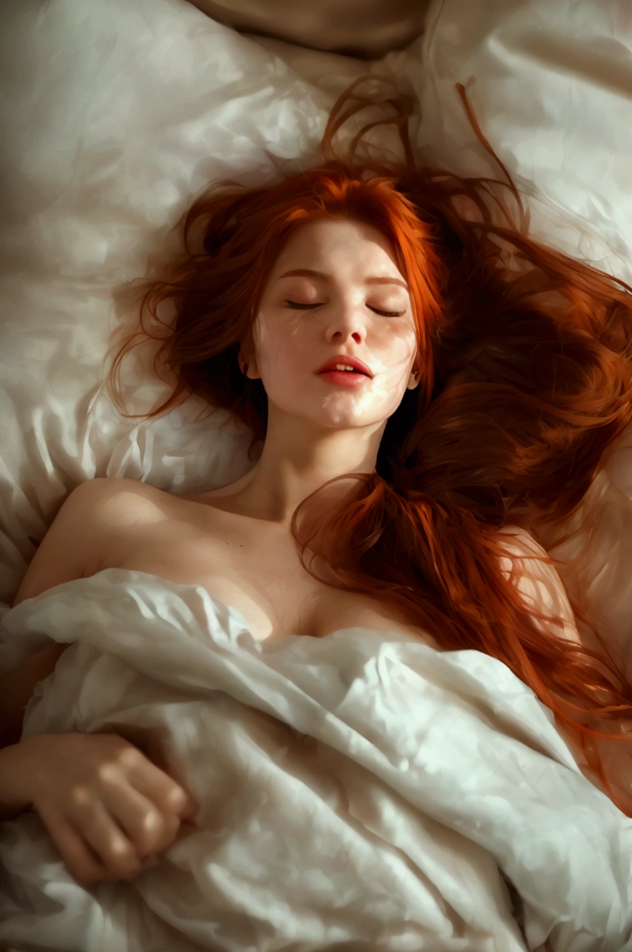 photorealistic image of a woman, ultrarealistic, photography, long red hair, woman, 24 years old, hourglass figure, perfect body, Flirty look, natural medium breasts, she is naked, in the bedroom, in bed, she is laying in bed on her back, naked, her legs are spread, she has her eyes closed and her mouth open, she is moaning
