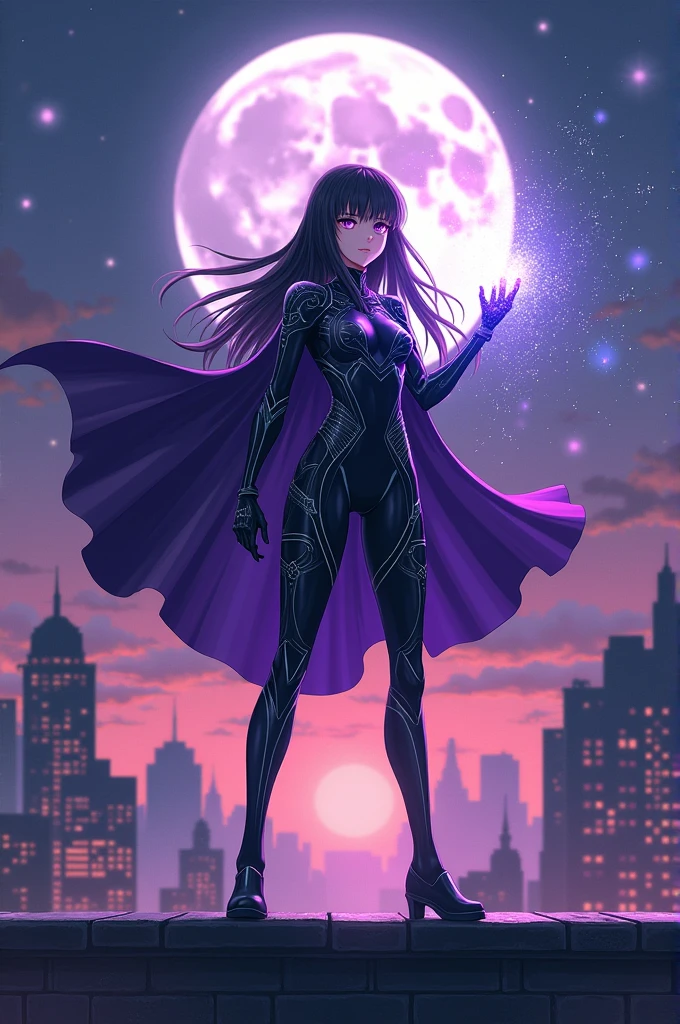 Creating a hero costume for Akira Sumire that enhances her Quirks (Crystallization and Luminosity) while reflecting her mysterious and elegant persona is key. Below is a detailed description of her hero costume:

### **Akira Sumire’s Hero Costume: "Amaranthine"**

**Color Palette:**
- **Primary Colors:** Midnight Black and Deep Amethyst Purple.
- **Secondary Colors:** Silver and Iridescent Violet.

**Design Elements:**
1. **Bodysuit:**
   - The base of the costume is a sleek, form-fitting bodysuit made of a durable yet flexible fabric that allows full mobility. The bodysuit is primarily black with deep amethyst purple accents, symbolizing both elegance and the mysterious aura Akira exudes.
   - The suit features crystalline patterns that shimmer subtly in light, giving the illusion that her body is embedded with tiny crystals. These patterns are not just for show; they can channel and store light energy for her Luminosity Quirk, allowing her to release it as blinding flashes or concentrated beams during combat.

2. **Cape:**
   - A flowing, asymmetrical cape drapes over one shoulder, made from a lightweight material that catches the light in an iridescent violet sheen. The cape is attached with a crystal brooch in the shape of a crescent moon, symbolizing her connection to night and mystery.
   - The inside of the cape is lined with reflective material, amplifying her Luminosity Quirk when she needs to create a blinding light or confuse her enemies with dazzling reflections.

3. **Gauntlets and Gloves:**
   - Black gloves with silver trim extend past her elbows, reinforced to protect her hands during close combat. The gloves are designed with special nodes on the palms that allow her to generate and control crystallized structures with precision.
   - Her gauntlets are equipped with retractable crystal blades that can be used for both offense and defense, channeling her Crystallization Quirk. The blades can be projected outward to form temporary barriers or shaped i
