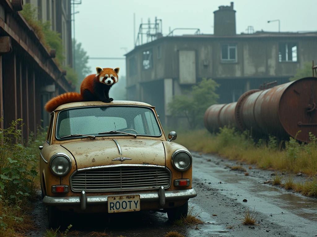 Photo of an abandoned Soviet industrial zone. overcast sky, rain. In the center - an abandoned workshop, built of reinforced concrete, with broken windows and rusty pipes. Around - overgrown metal structures, Rusty tanks, dilapidated warehouse facilities. In the foreground is an abandoned Soviet Zhiguli car, A Lada Vaz-2101 model, covered in dust and rust, with broken headlights and missing wheels. On the car, a license plate with the inscription “ROOTY”. The windshield is cracked, But it's still intact, Covered in dust, with visible cracks. The other windows are broken, leaving only shards and dust. In the distance, on the background, a red panda sits on one of the rusty structures. She has thick red-brown fur., round black eyes, Black ears and a black nose. The panda's fur is slightly dirty from dust and moisture, rain and mud marks are visible on it. The red panda is a little scared, Her eyes are slightly widened, But she's looking straight at the camera, As if she had noticed the photographer with surprise. Colors: grey, brown, green, rusty. “Photorealistic” style, “cinematic”, “Soviet post-apocalyptic”.