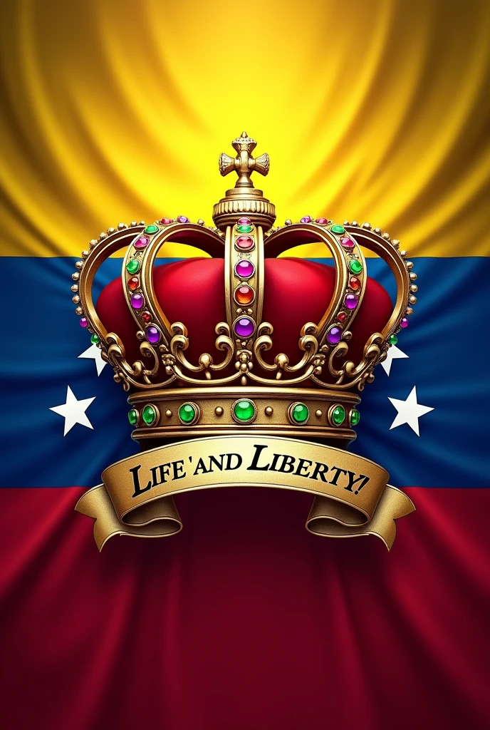 A logo that is exactly as I describe: The flag of Venezuela with a king's crown in the middle and in Spanish have the following phrase: LIFE AND LIBERTY! And also generate one without the phrase that are equal to the image suggestion
