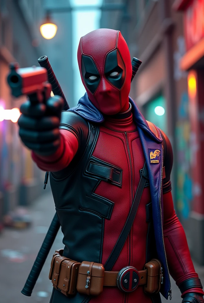 (photorealism:1.2), Full-body Deadpool shooting while wearing a Baltimore Ravens jacket 