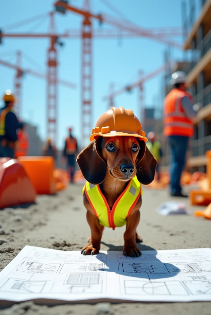 A dachshund working on a construction site