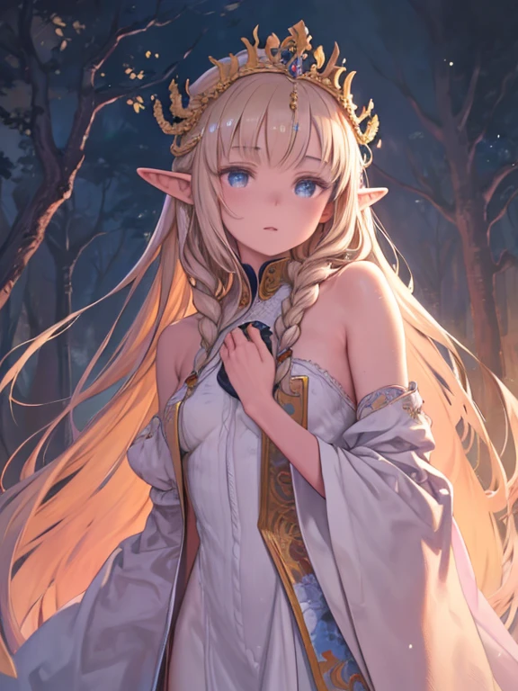 A beautiful maiden with pointed ears and exquisite features, Soft glowing eyes, Long flowing hair in intricate braids, Delicate facial tattoos that glimmer in the light, Adorned with a crown of vibrant flowers, Dressed in a flowing gown crafted from exquisite fabric, Standing in a magical forest bathed in golden sunlight, Blooming Flowers々Surrounded by enchanting creatures, Capturing the essence of a mystical realm, Evoking a sense of stillness and enchantment, Created in the medium of oil painting, Of the highest quality and ultra-detailed, Realistic and photorealistic, Vivid colors and sharp focus, Enhanced by the use of studio lighting, From the Elf Art Book, A color palette of earthy tones and soft pastels, Illuminated by the warm glow of the setting sun.