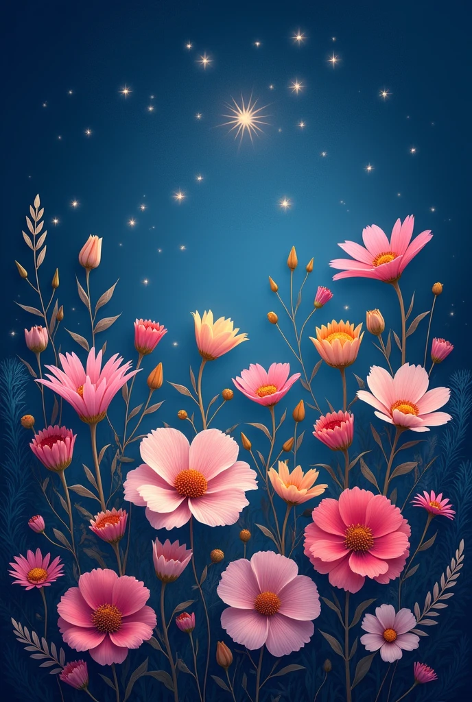 Draw me 17 flowers that have a beautiful night in the background and that with 17 stars form the letter J