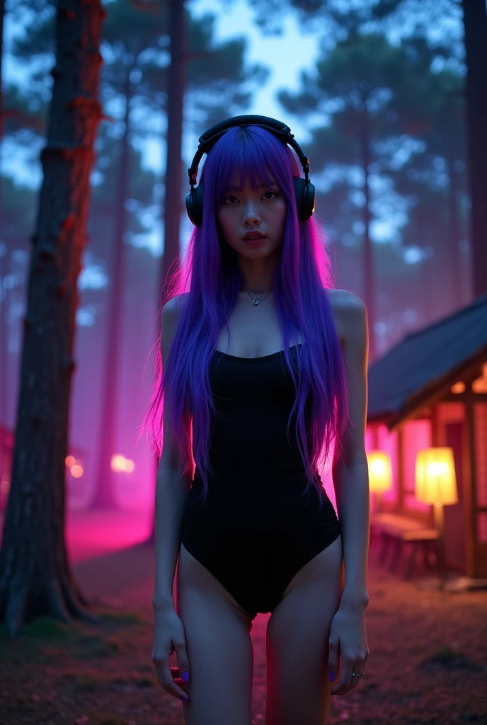 Korean purple hair butterfly woman with headphone and black short outfit perfect body 2000s night forest party background with pine trees and korean hut perfect face 
