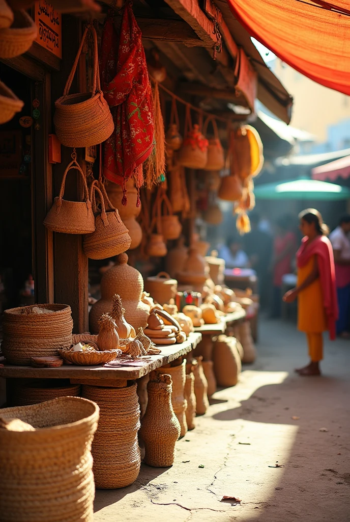 8k image. Unique diiferent  jute products in a bangla style shop in market . Eye catching realistic 