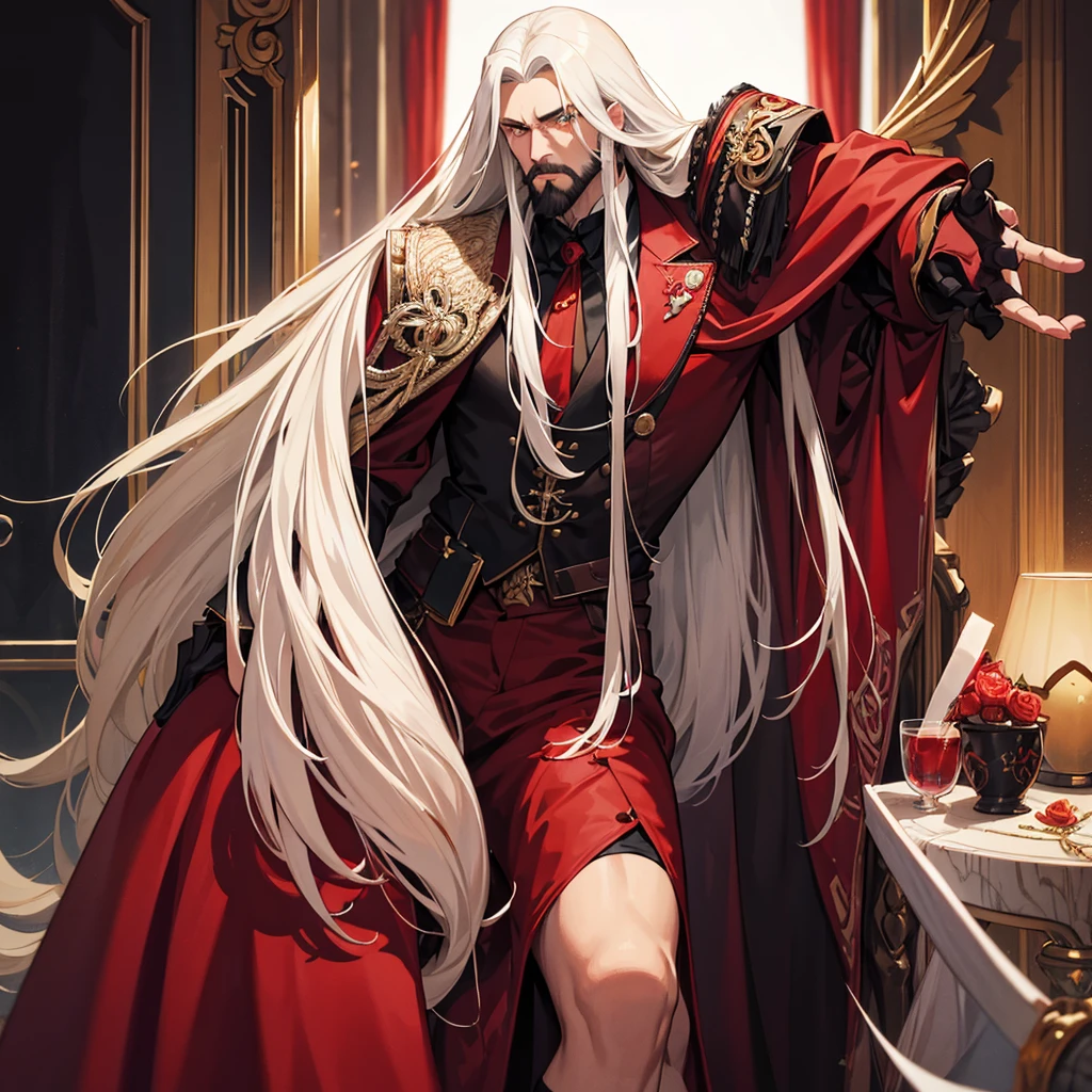 a man with long hair and a beard, wearing a red vampire coat, a male member of the Banu Hakim clan, vampire lord, Castelvania, Count Dracula