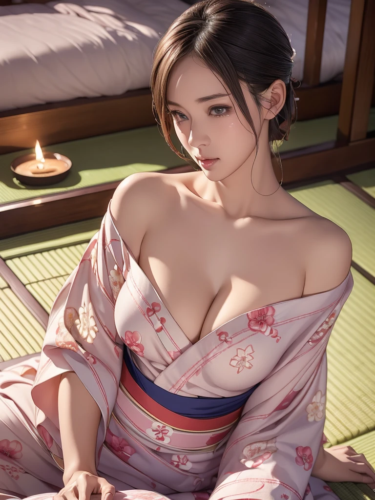 (Highest quality, masterpiece:1.2), Very detailed, (Realistic, photo-Realistic:1.37), intricate skin detail, Moist eyes, Japanese hot springs旅館で時間を満喫する, Japanese-style room, Futon spread on tatami mats, Japanese futon, Japanese hot springs, Delicate facial features, Whimsical atmosphere, Very detailed目と顔, Long eyelashes, Beautiful attention to detail, Beautiful lip detail, One person, photoRealistic, 4K, 8k, High resolution, Browsing Caution:1.6, (((yukata))), A little bit, shoulder, Thighs, Cleavage, (((Looking into the camera))), (((Seductive expression)))