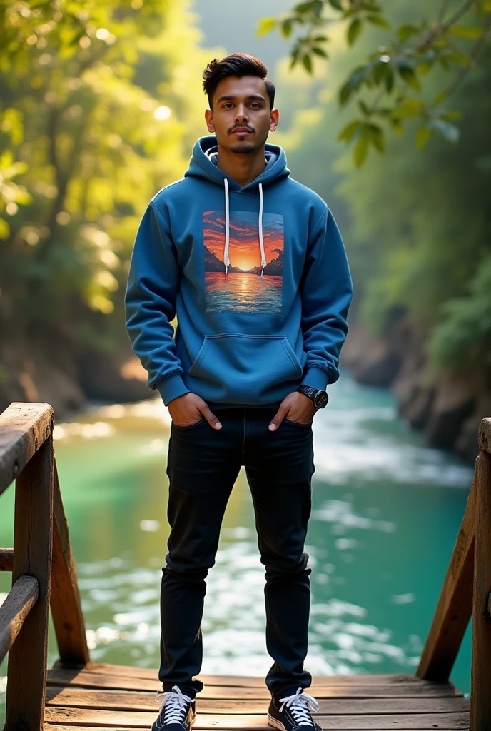 Please make a picture of a 25-year-old Indonesia man on a bridge, there is a tropical river, wearing black jeans, wearing a smartwatch in his left hand, wearing a blue hoodie with an aesthetic picture of the beach sunset, black jeans, and black Vans shoes with white soles.