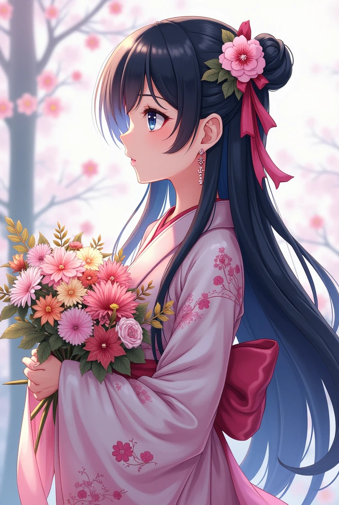 anime young adult with long pretty black hair, blue eyes, pink dangle earring, flowers tied to the back of hair, holding bouquet of flowers, wearing kimono, makeup, serious face, neckalace, side profile, cuter artstyle