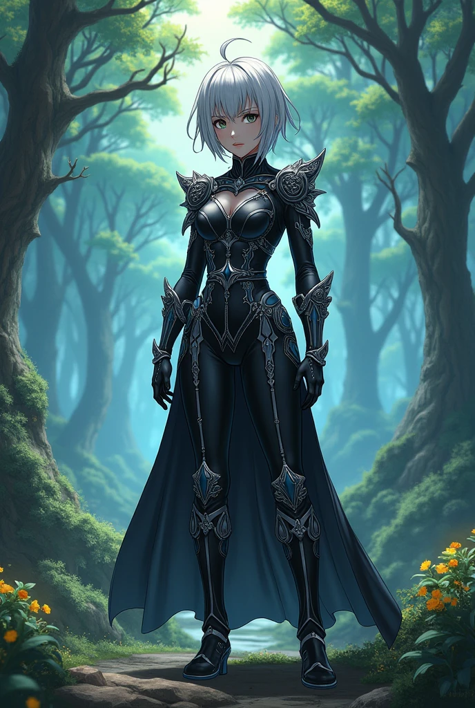 Daughter of Noelle Silva and Asta, a character with traits from the anime and manga Black Clover. The suit must be black with silver details.