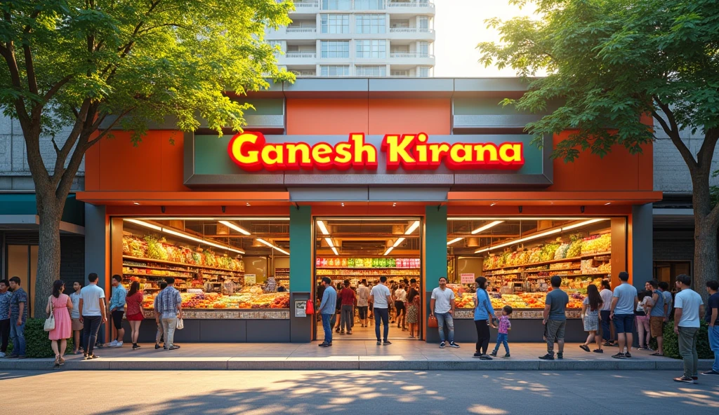 BIG SUPERMARKET STORE NAMED AS GANESH KIRANA IN ENGLISH IN AFTERNOON