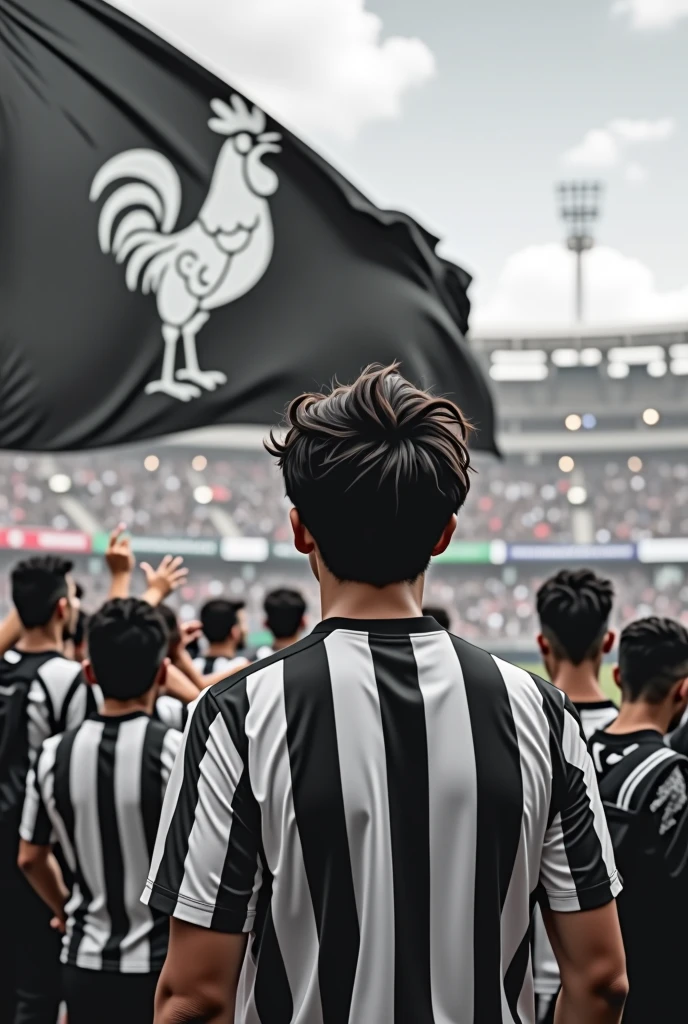 create an image of a young dark-haired man with wavy hair in a stadium wearing a vertically striped black and white shirt with a flag of a super strong rooster in the background, all wearing black and white like in the Brazilian club Atletico, from Minas Gerais