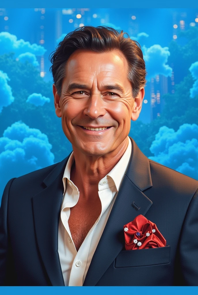 Create a presenter in a suit with wings ascending to the sky, use the image from the image tip template attached, art in homage to the death of Silvio Santos the greatest communicator on Brazilian TV.