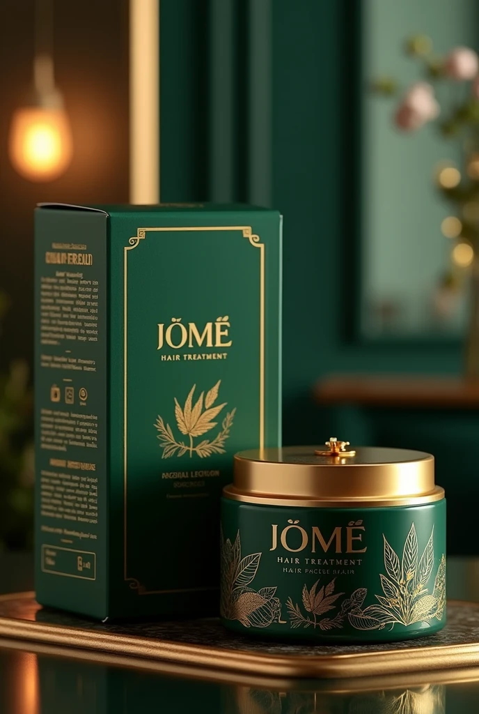 Hair treatment product for damaged hair, whose container should be premium line in gold and emerald color with a push-type dosing valve with an innovative design with the brand name JOME hair treatment and its respective box