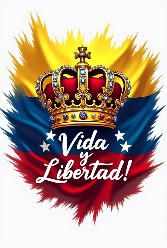 a highly detailed hyperrealistic digital illustration of the flag of venezuela with a crown in the middle, the phrase "¡VIDA Y LIBERTAD!" written in spanish, dramatic lighting, intricate details, photorealistic, 8k, best quality, masterpiece