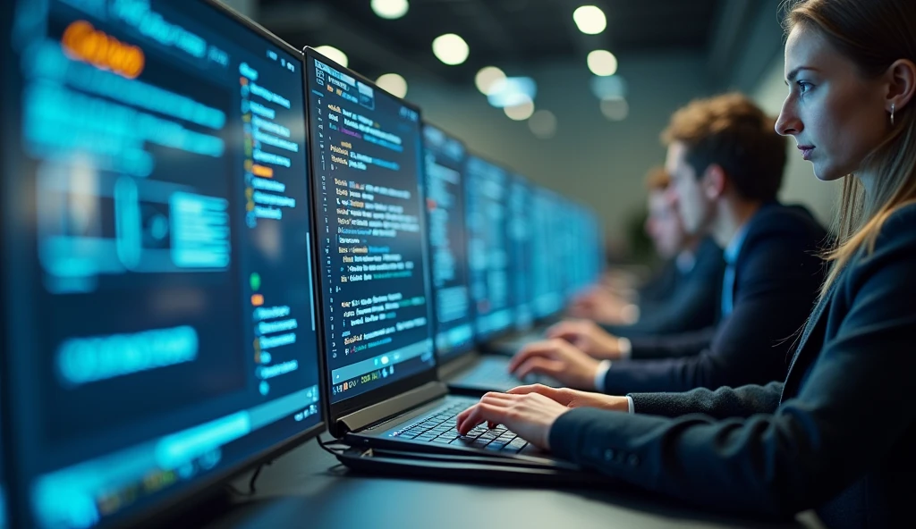 Wide shot, A modern office environment with people working on laptops, Interacting with digital technology. The energy of the digital age is captured through the rapid movements, RED DSMC2, 50mm.