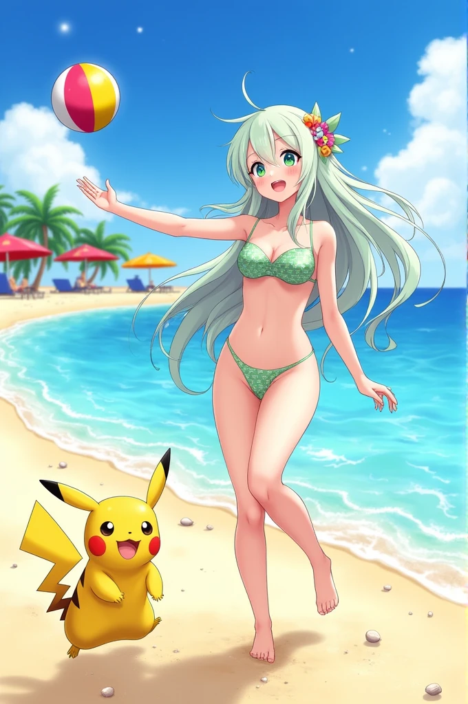 Sexy anime playing with pikachu at the beach