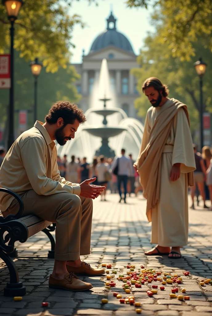Realistic horizontal image of Jesus looking at a sad, confused, modern-day man taking pills and burdened by work, Sitting in a bustling plaza, include a fountain and many people