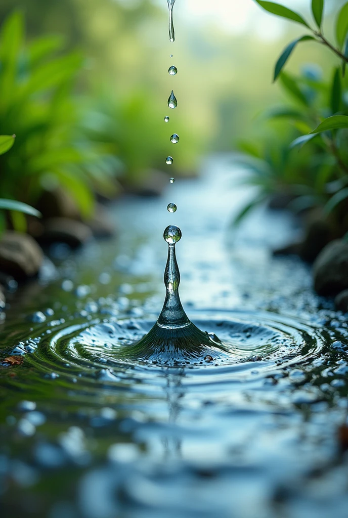"A close-up view of water droplets on a surface, with a drop of detergent being added. The image visually represents the reaction as the surfactants in the detergent break the surface tension, causing the water to spread and mix with dirt particles. In the background, a split scene shows two paths: on one side, the chemicals dissolve and degrade naturally, symbolizing biodegradability with green leaves and a clean environment. On the other side, non-biodegradable chemicals persist, represented by polluted water and dead plants, highlighting the environmental impact. The overall scene balances between natural decay and pollution."