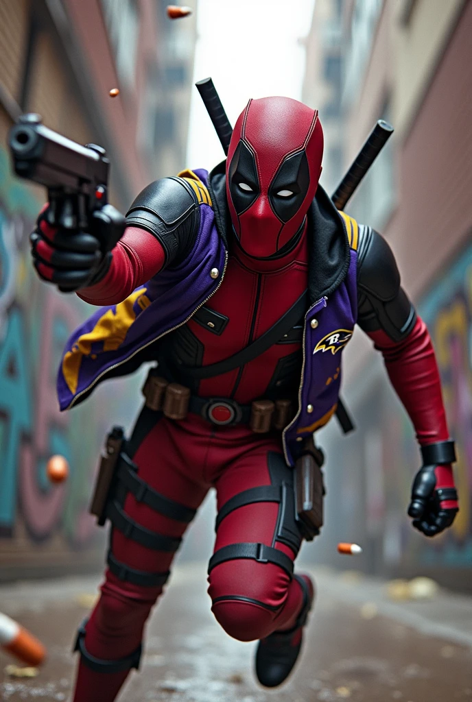 Full-body Deadpool shooting while wearing a Baltimore Ravens jacket 