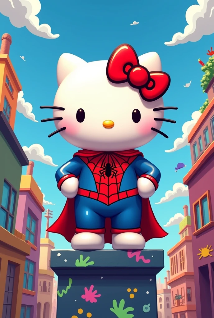 Draw a Hello Kitty dressed as Spiderman, but without the mask or cape, and in a cartoon-style city.

