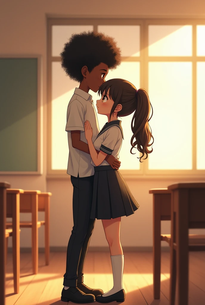 A cute african boy(male )with afro haircut on a white top and black trouser hugging another African teenage girl with a long curly ponytail hair on a black skirt and white top Japanese uniform intimately. In an empty class 