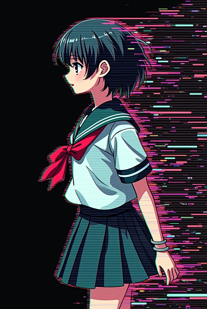 Glitch art movie poster, [sideways facing Japanese school girl] in the center, dark background, glitch colors in the style of strong glitch effect, striped many graphic defects, very detailed, stunning image