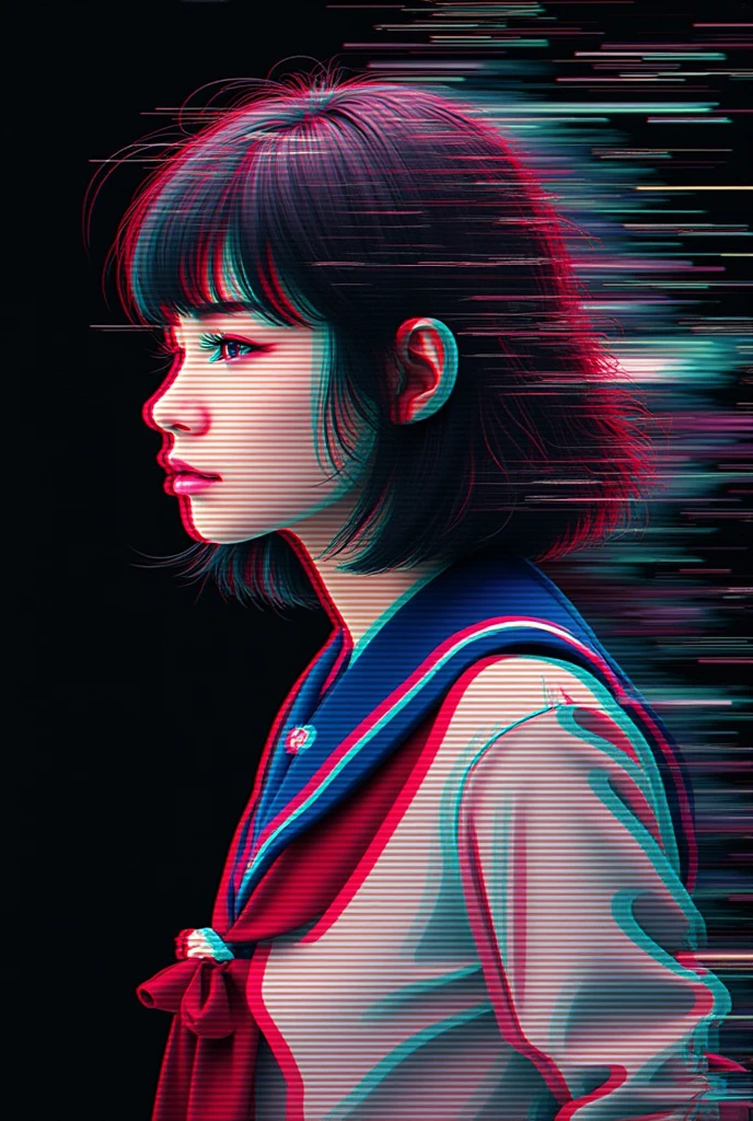 Glitch art movie poster, [sideways facing Japanese school girl] in the center, dark background, glitch colors in the style of strong glitch effect, striped many graphic defects, very detailed, stunning image