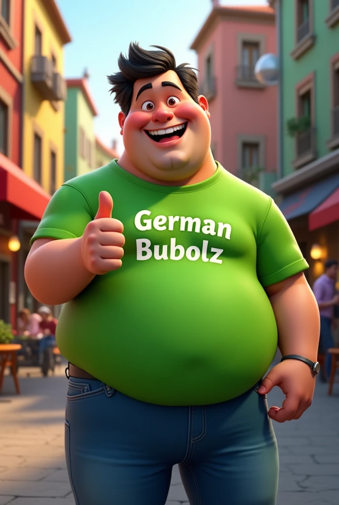 naughty man, senor, 3D chubby smiling, dark hair, without glasses, wearing a green shirt with the writing German Bubolz and jeans, giving a thumbs up, 