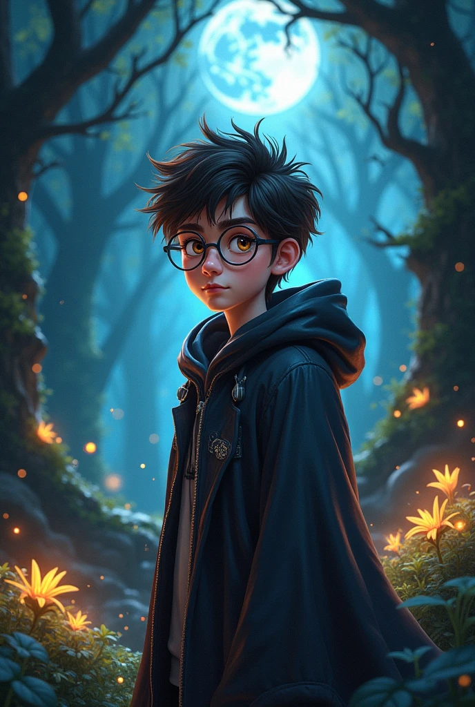 Young human wizard with dark brown hair and wearing glasses