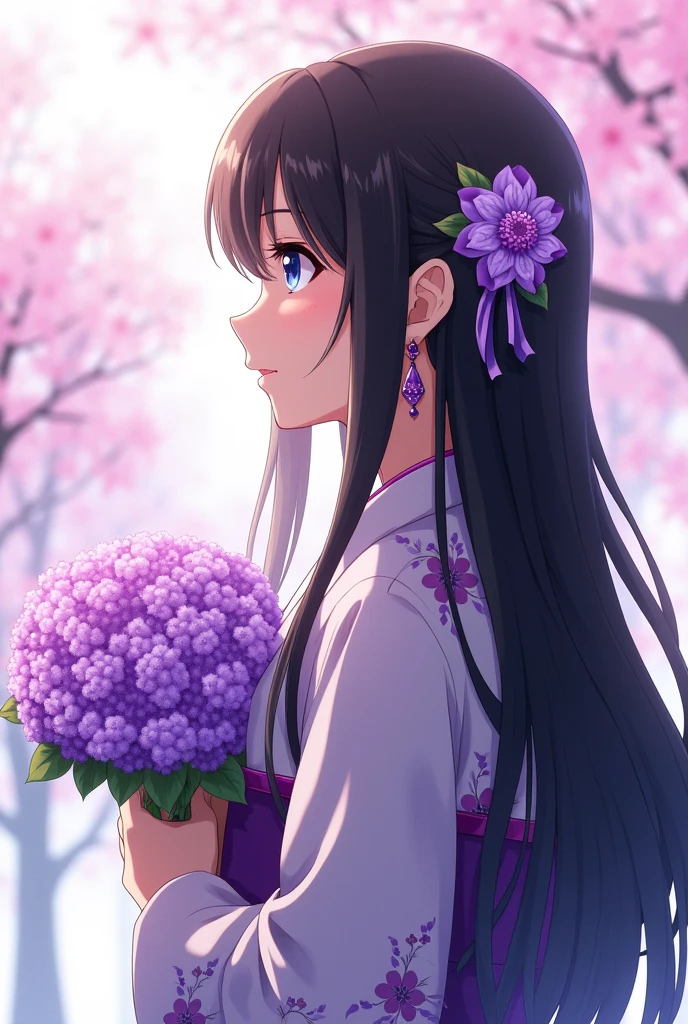 anime young adult with long pretty black hair, blue eyes, purple dangle earring, flowers tied to the back of hair, holding bouquet of purple flowers, wearing kimono, makeup, serious face, neckalace, side profile, cuter artstyle