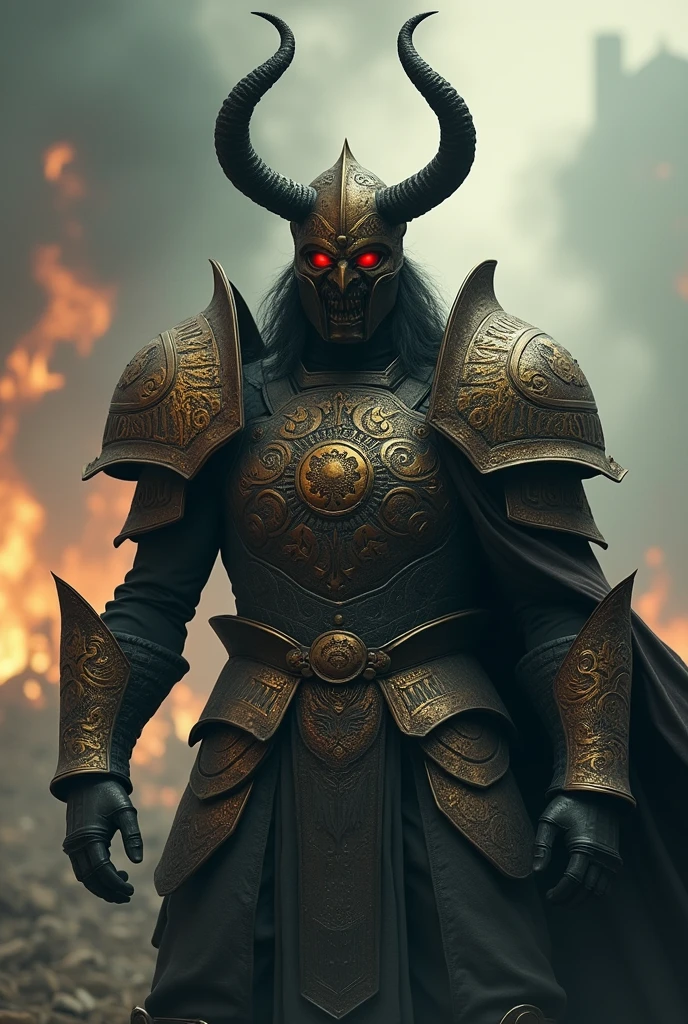 guerrier, art conceptuel,  art fantastique, fond de champ de bataille, rendu propre, un cornu, Portez une armure, Fumée détaillée sous forme de bushido, casque d&#39;une divinité oubliée, le personnage est debout, 8k réaliste, dans le rendu du jeu, détail détaillé de l&#39;arrière-plan du visage, Première page de la station d&#39;art, taureau, Fantaisie pseudo-médiévale, Une divinité portant une armure de koi, armure de bronze détaillée, Armure de bronze, armure gravée en or, armure d&#39;obsidienne dorée, Armure dorée claire, Magnifique armure en filigrane, A demonic guerrier, Magnifique armure pleine d&#39;épines, Armure d&#39;assassin complexe, Armure métallique complexe, powerful guerrier, Vêtu d&#39;une magnifique armure dorée，Décoré de motifs complexes, Le casque a une grande couronne et deux cornes,yeux rouges brillants， Tout est dans le noir, Le fond enfumé fait allusion aux scènes de bataille, Ajoutez une aura menaçante à son personnage，Soumission, Prise de vue complète du corps.