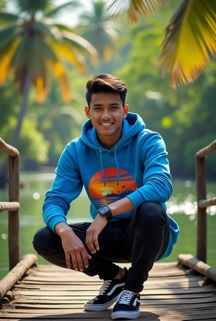 Please make a picture of a 25-year-old Indonesia man siting on a bridge, there is a tropical river, wearing black jeans, wearing a smartwatch in his left hand, wearing a blue hoodie with an aesthetic picture of the beach sunset, black jeans, and black Vans shoes with white soles.