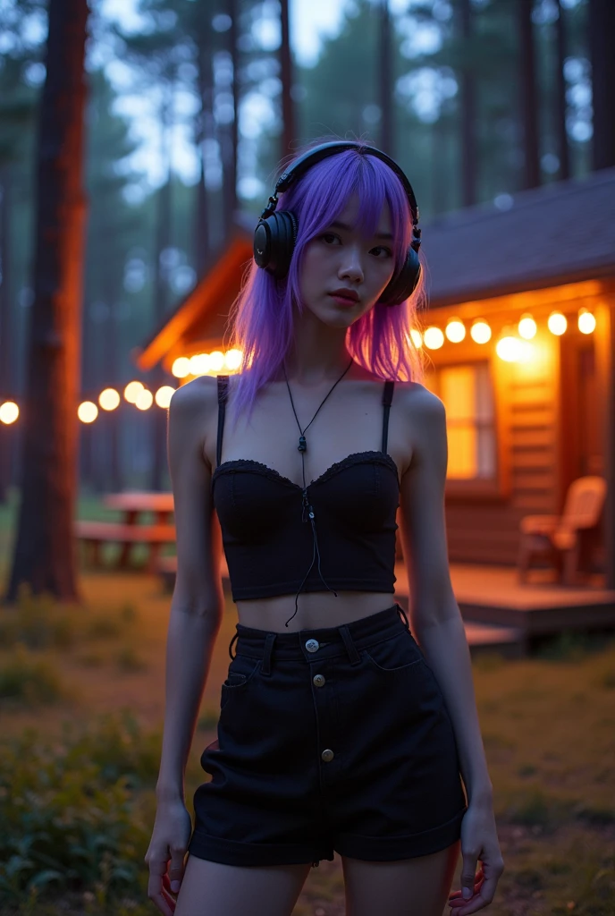 Korean butterfly woman with purple hair wearing headphones and a short black outfit, perfect 2000s body,  party background in the forest at night with pine trees and a Korean cabin, perfect face, black and brown hair, and short. 