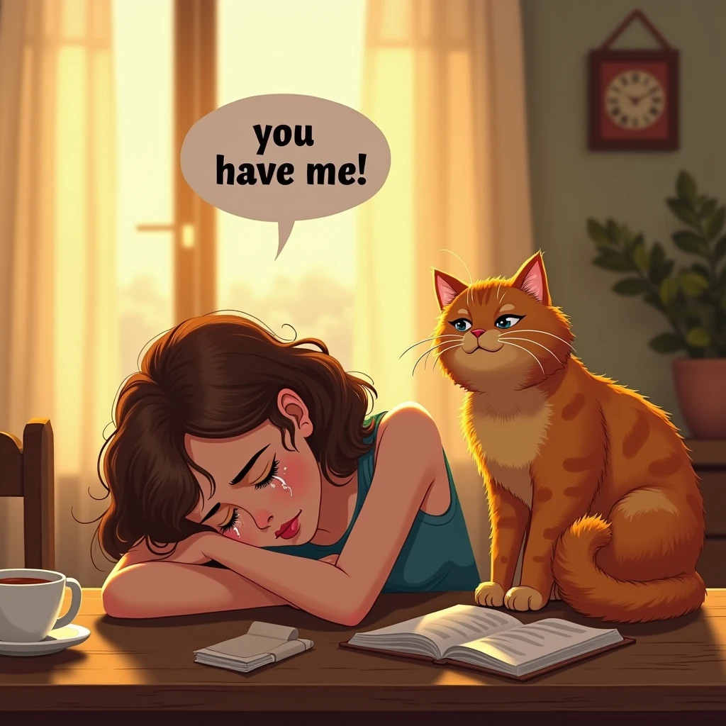 A woman falls on the table and cries, The cat comforts her by putting her hand on her head and her talking balloon says "You have me!"