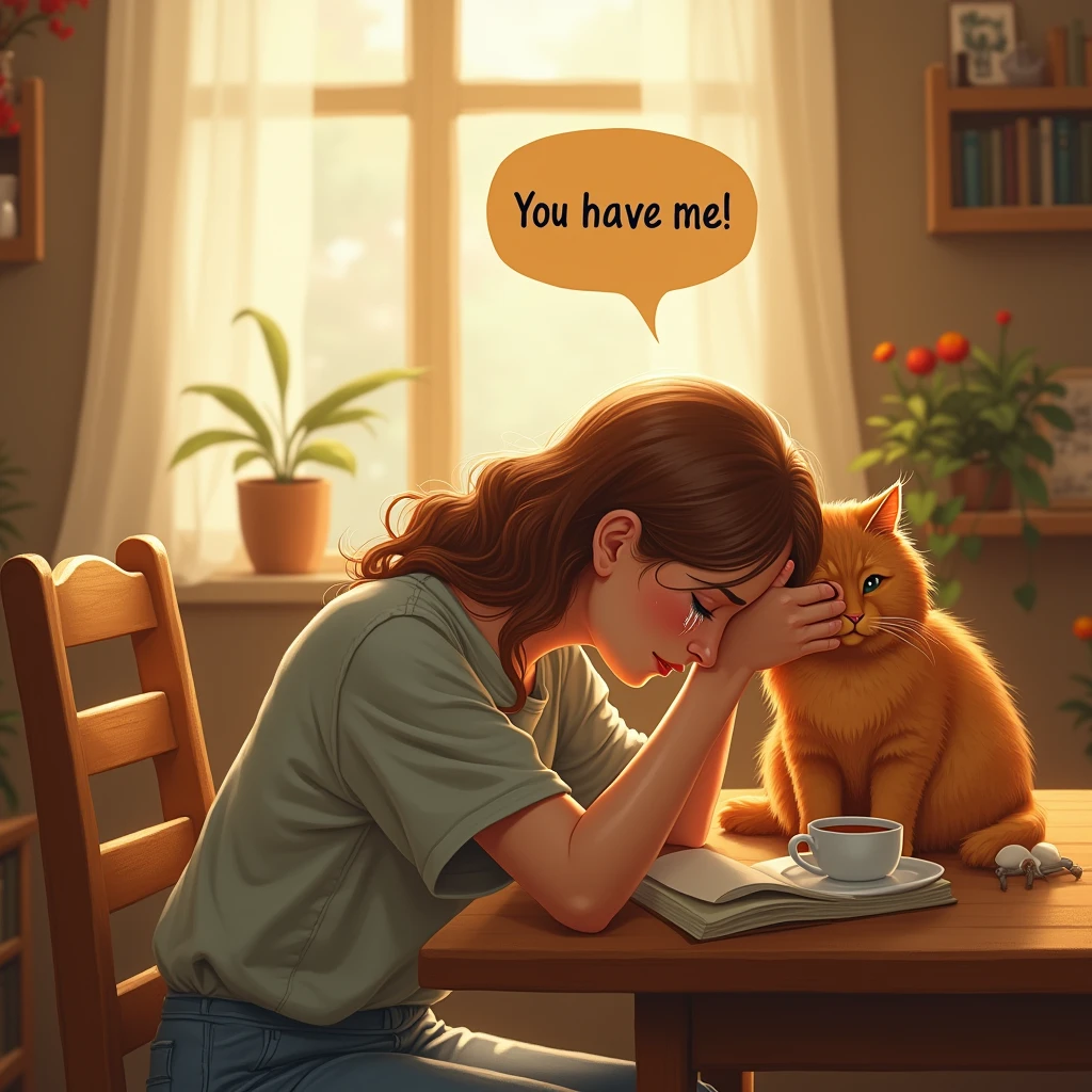 A woman falls on the table and cries, The cat comforts her by putting her hand on her head and her talking balloon says "You have me!"