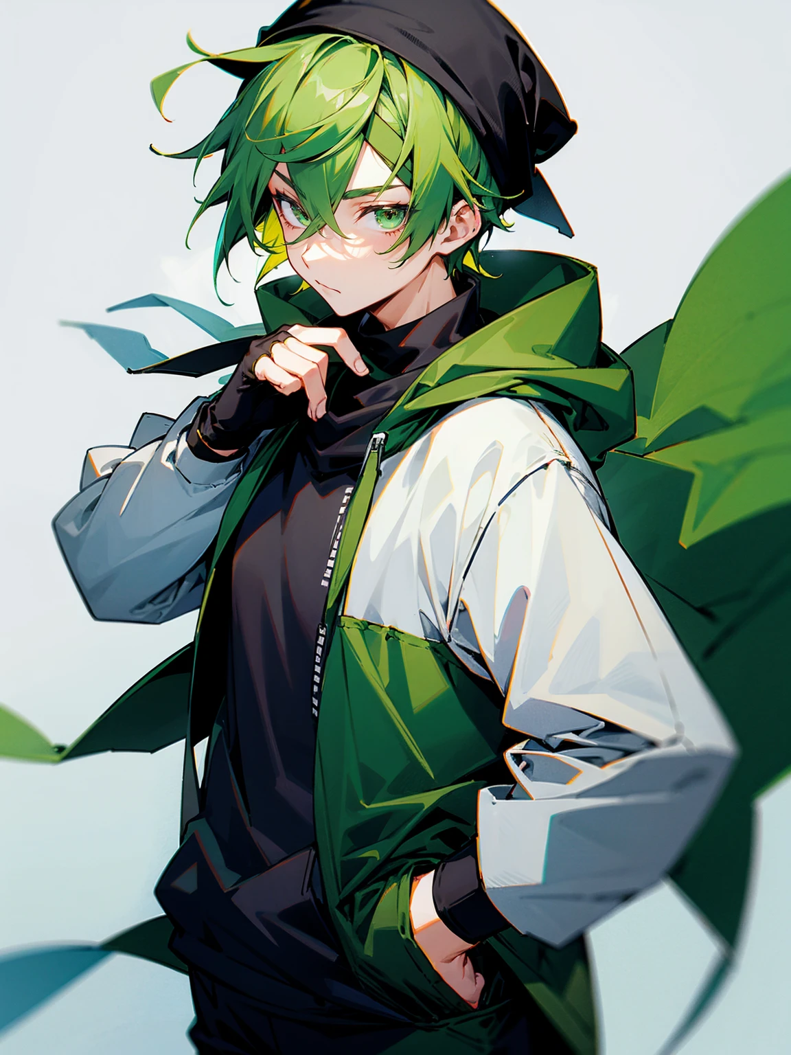1male, green hair, beanie black headband, green yukata, black sweatshirt, green eyes, black gloves, hands in pocket