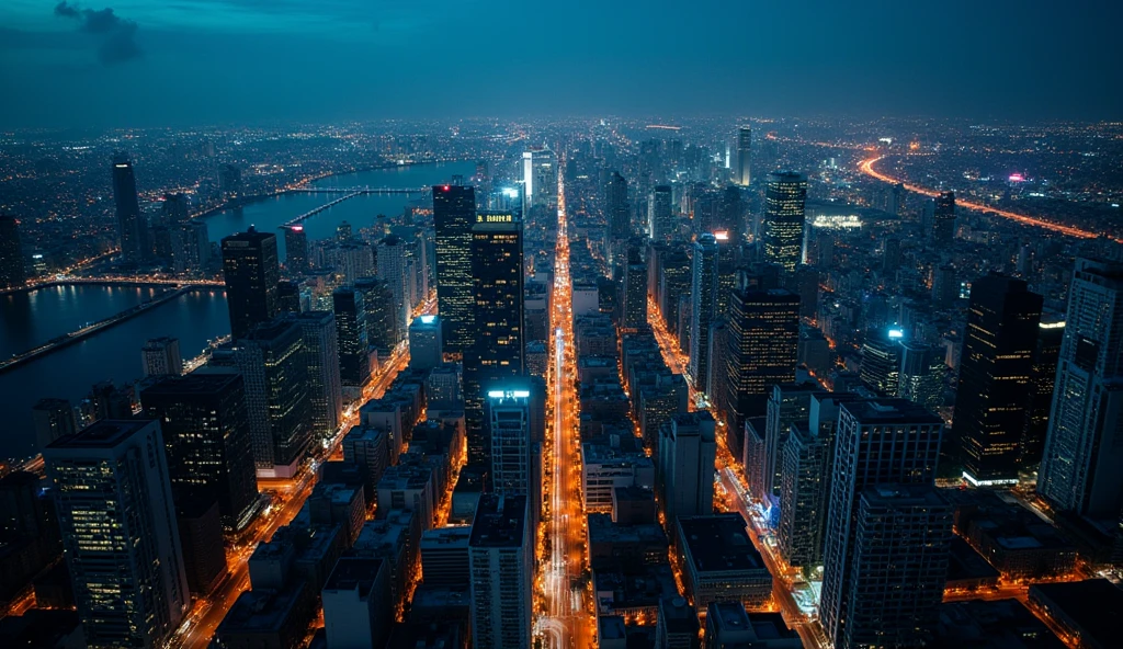 Aerial shot, Aerial view of a city at night, illuminated by lights of technology and connectivity, representing the digital age in its entirety, DJI Mavic Mini.