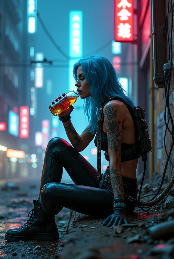 A young pirate woman drinking wine in a Cyberpunk bsr 