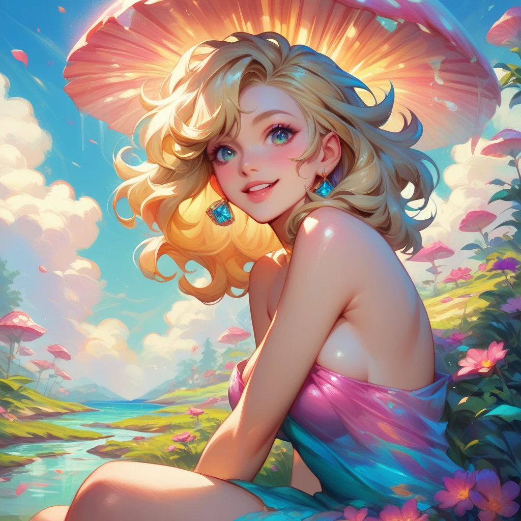 a beautiful nude 20 year old blonde woman with big messy hair, reaching for a glowing mushroom, sitting on a giant glowing mushroom, fantasy art style, cartoon vibrant, cute detailed digital art, colorful digital fantasy art, digital fantasy art ), glossy digital painting, pastel vibrant