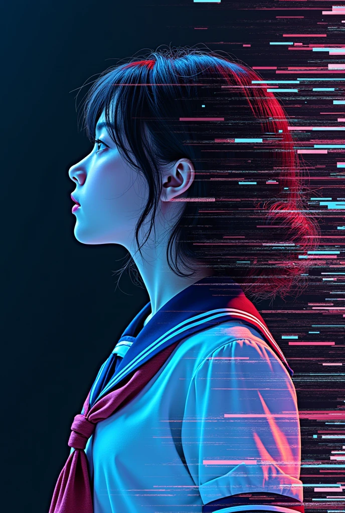 Glitch art movie poster, [sideways facing Japanese school girl] in the center, dark background, glitch colors in the style of strong glitch effect, striped many graphic defects, very detailed, stunning image