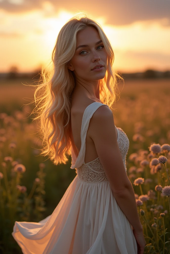 A blonde woman with blue eyes